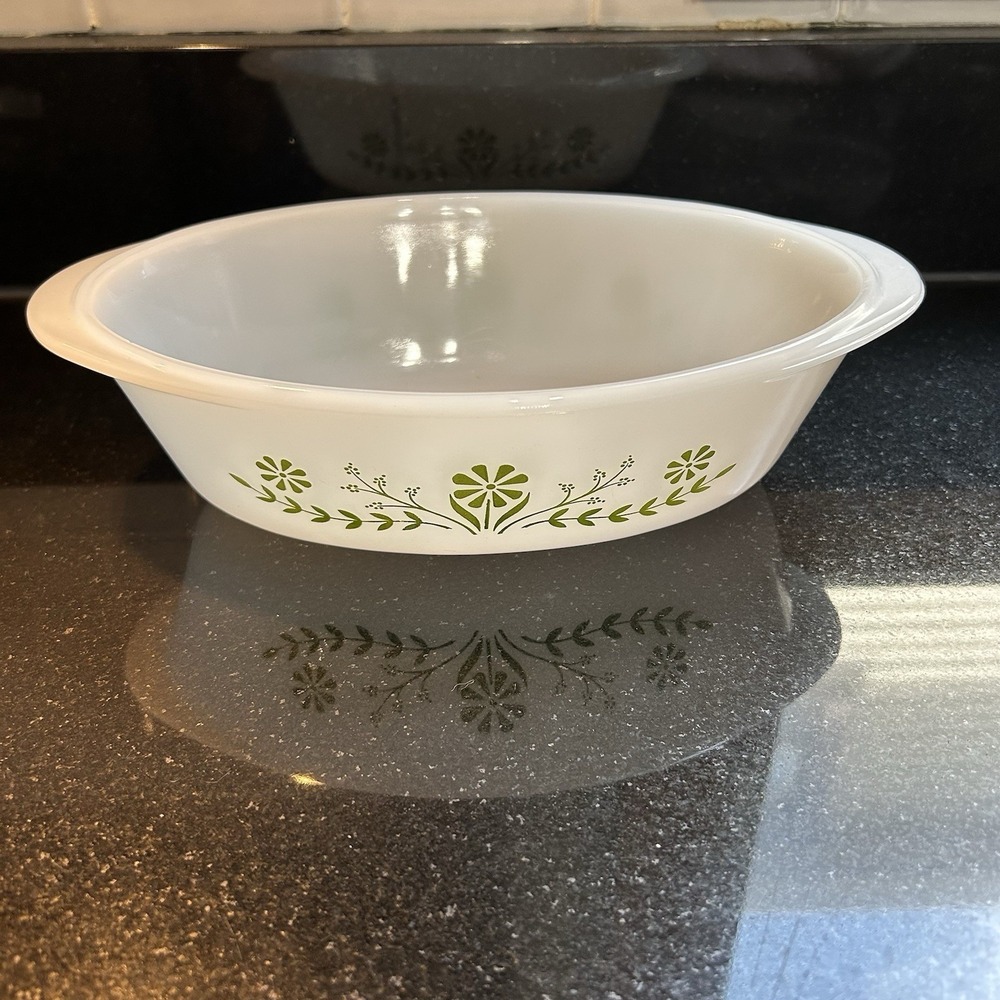 Vintage Glasbake Milk Glass Green Daisy Floral Casserole Dish 1 Qt, Granny